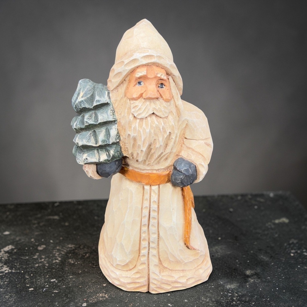 D Capellani Carved Wood Resin Santa Claus Figurine Father‎ Christmas with Tree